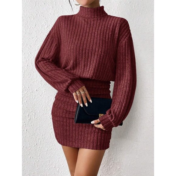 Women Pullover Red Sweater Dress Lantern Sleeve Turtleneck Ribbed Mini - Picture 2 of 5